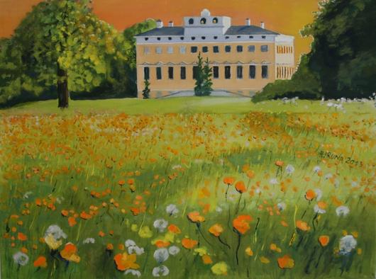Wörlitzer Schloss mit Blumenwiese